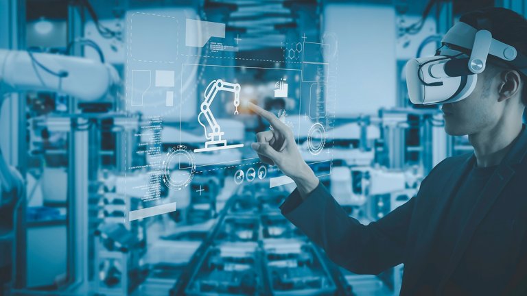 Industry 4.0 Robot concept .Engineers are using virtual AR to maintain and check the work of human robot in the 4.0 Smart Factory.