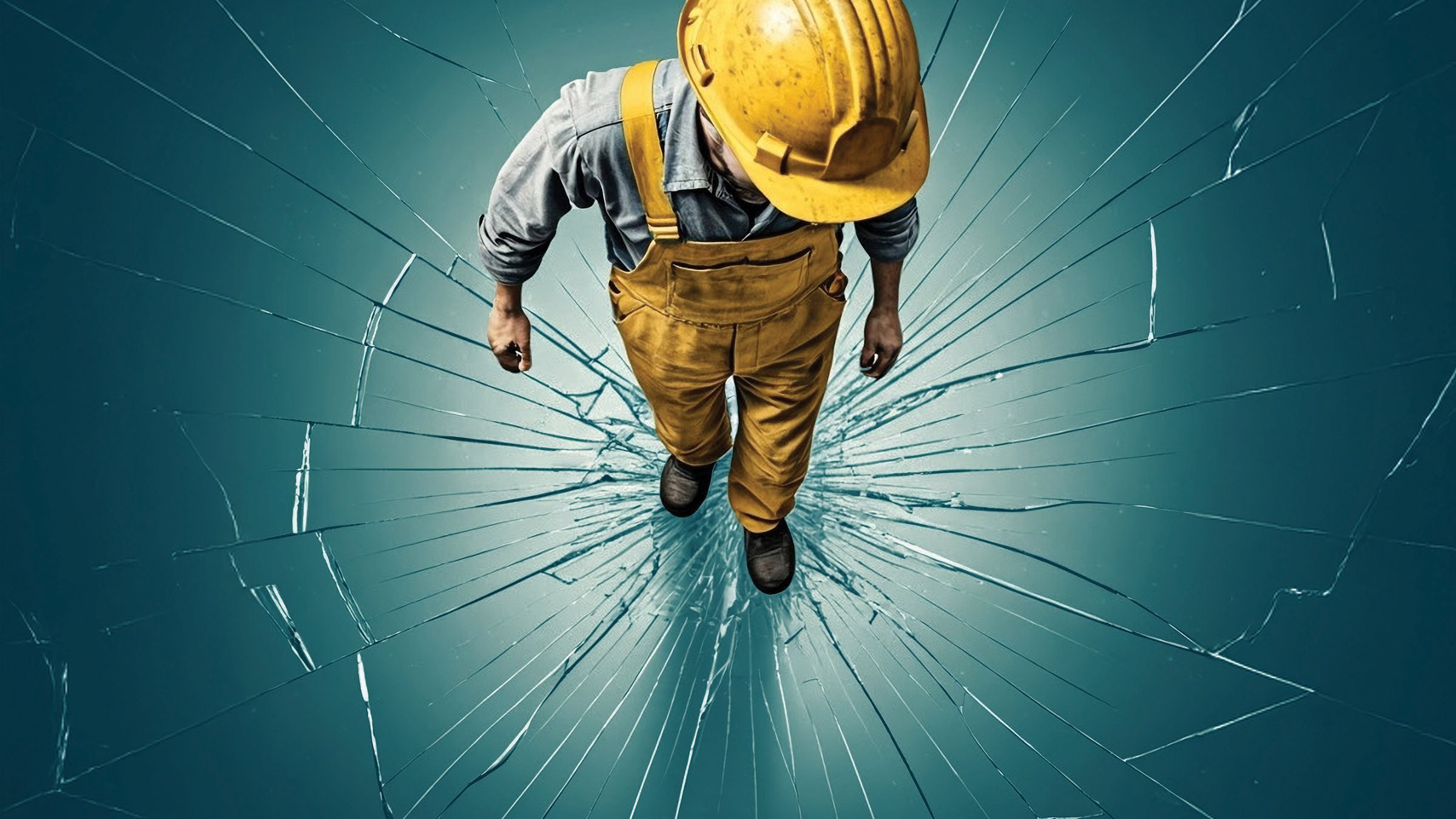 Above overhead view of a man wearing a yellow hard hat and overalls standing with one leg stepping forward looking down standing on a shattered glass pane.