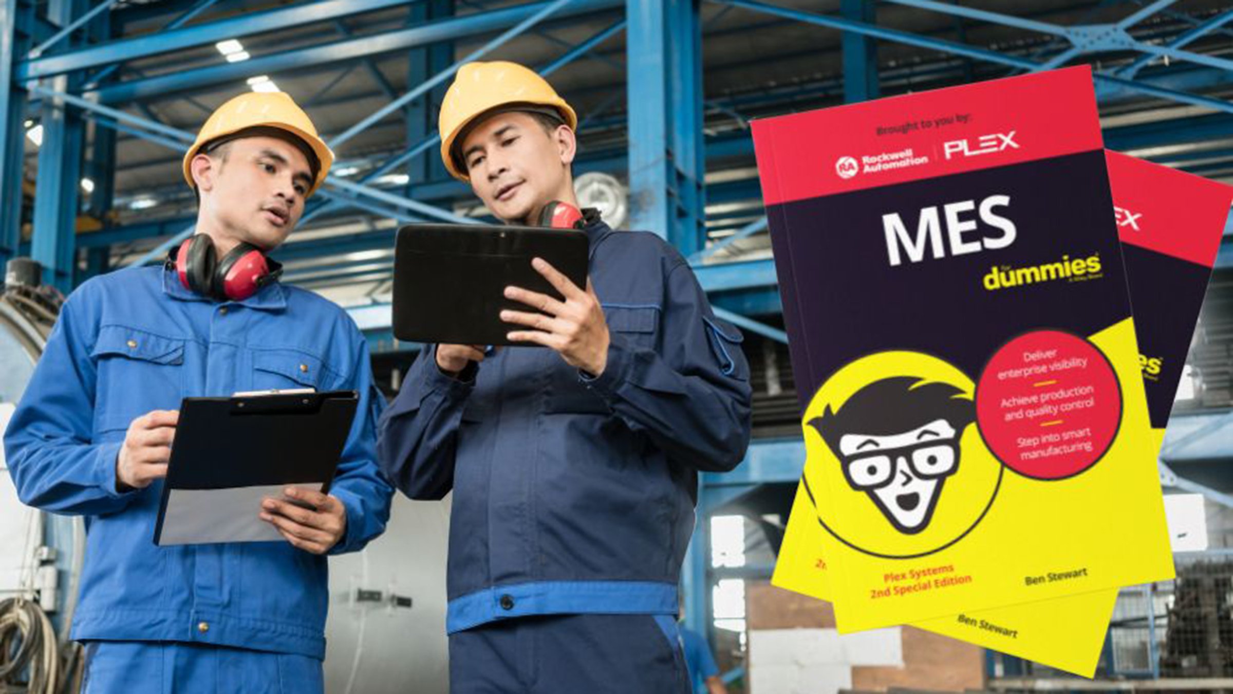 Two manufacturing workers with inset of MES for Dummies booklet