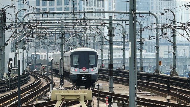 Shanghai,China-April 20th 2024: Shanghai Metro subway train on rail.