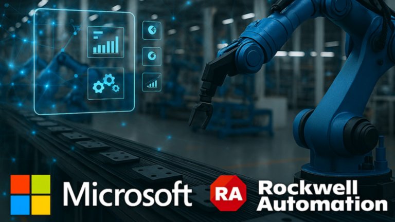 Microsoft and Rockwell Automation logos with robotic arm