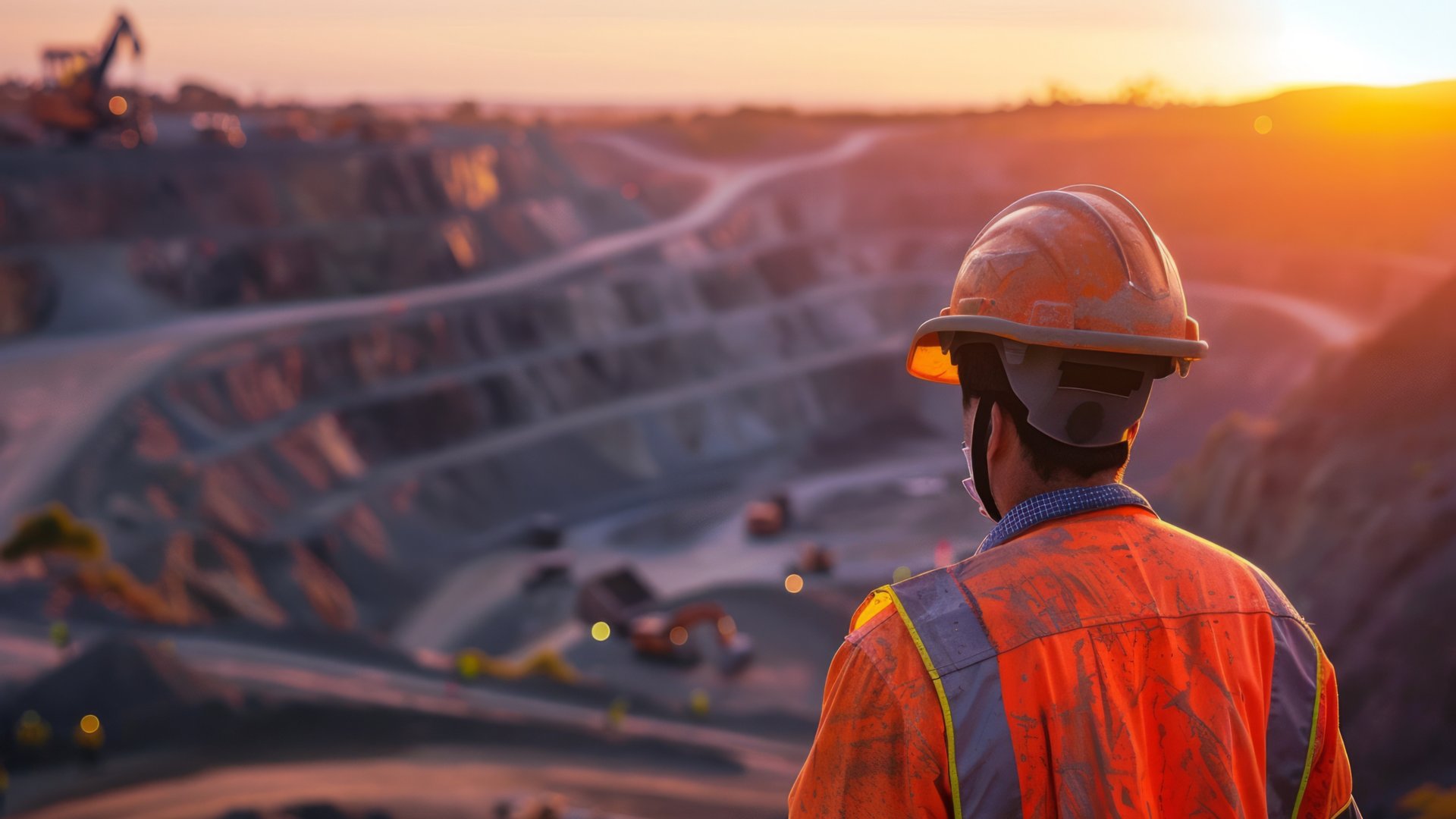 Worker in high visibility gear overlooking a mine at sunset