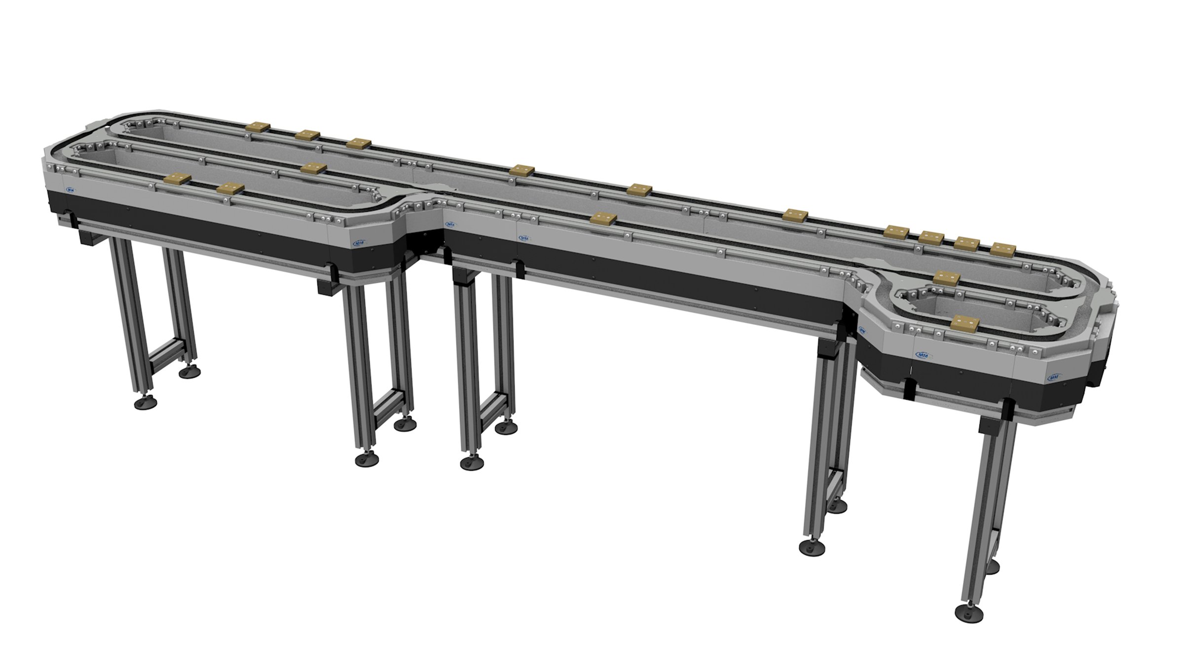 An isometric view of a grey MagneMover LITE Intelligent Track System layout with carriers in motion throughout the track standing on mounting legs.