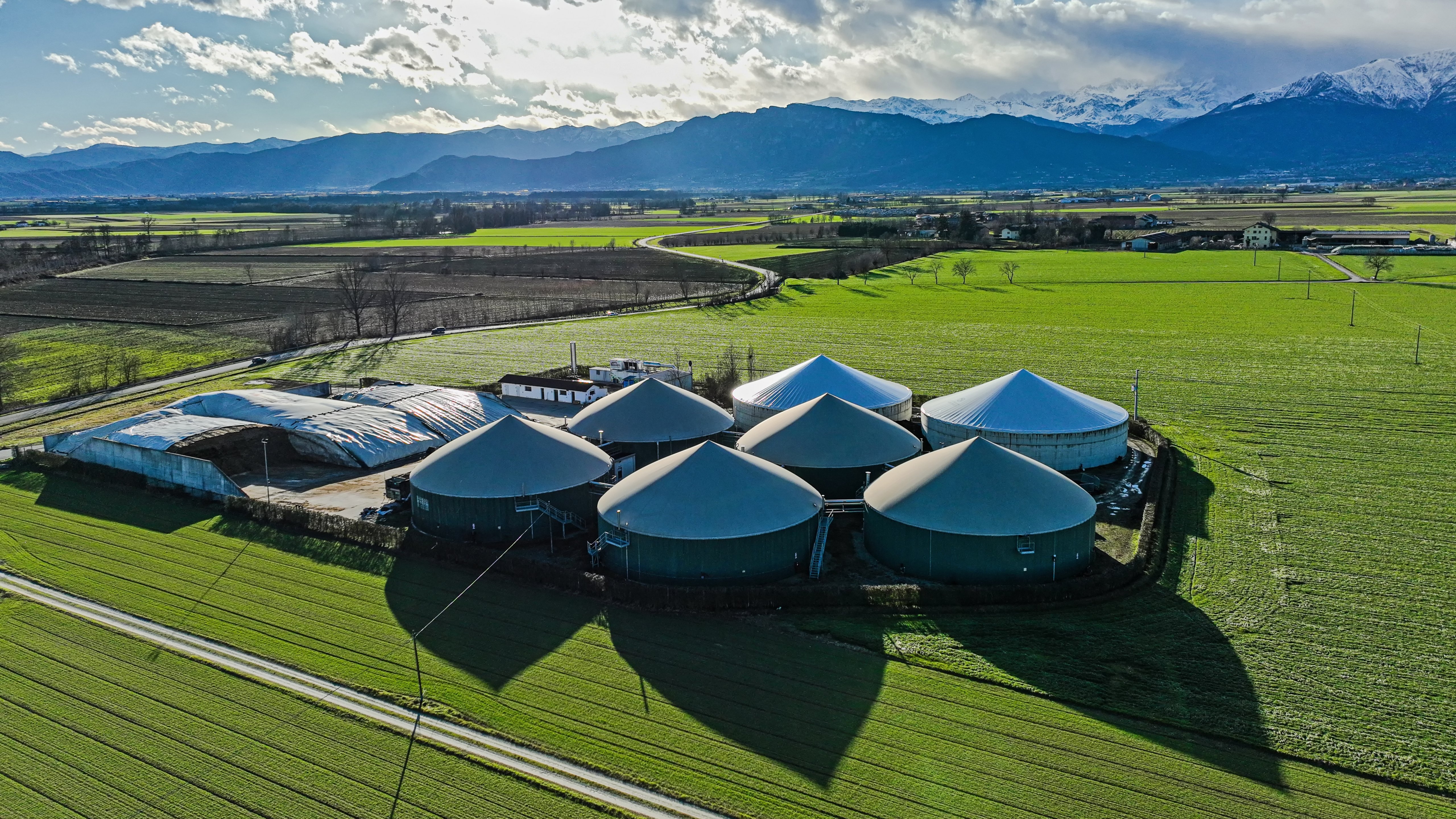 A modern biogas plant in the province of Cuneo in Piedmont. Cardè, Italy - January 2023