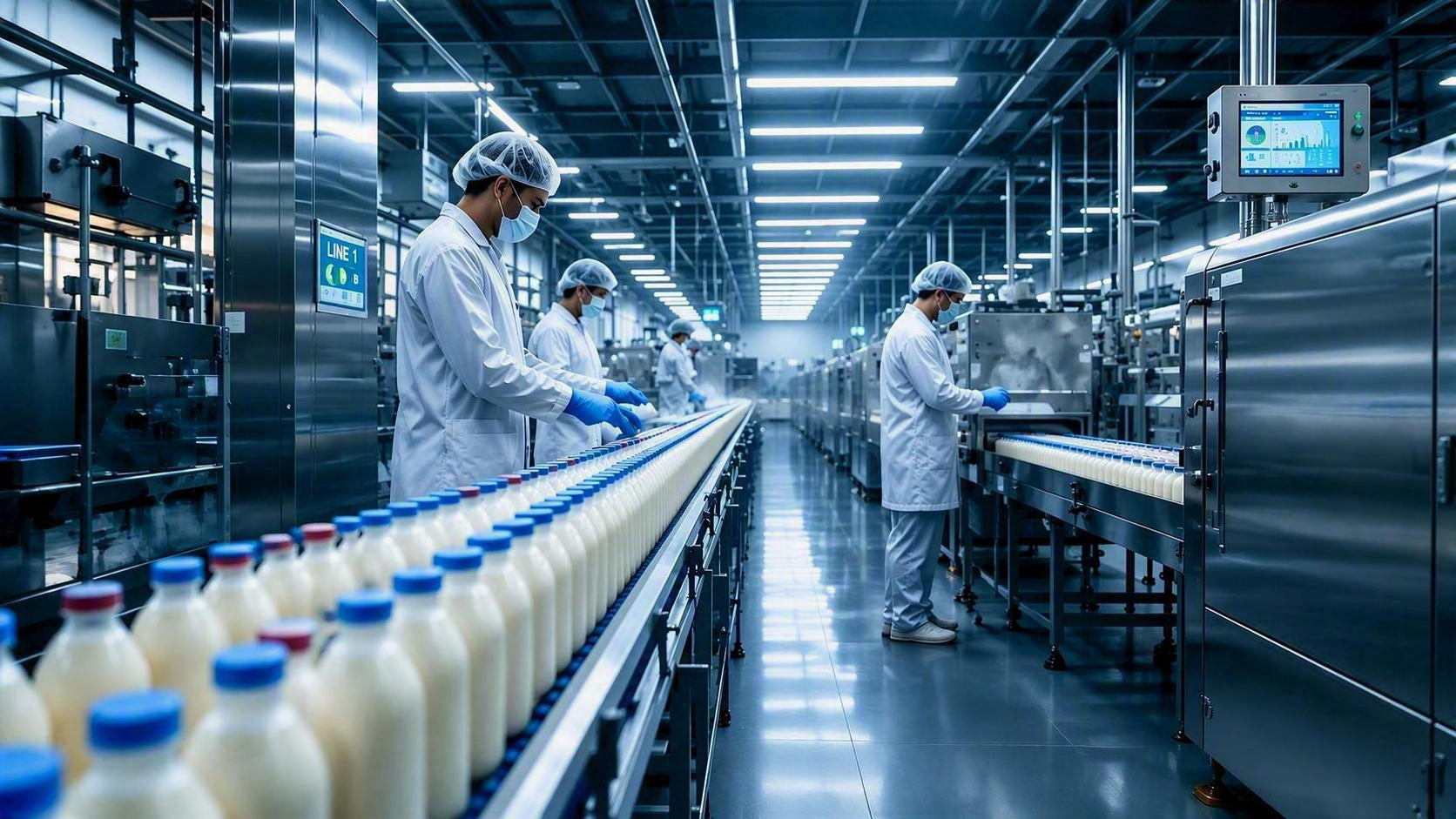 Workers in protective clothing monitor a milk bottling production line in a modern dairy processing facility with automated equipment and quality control systems.