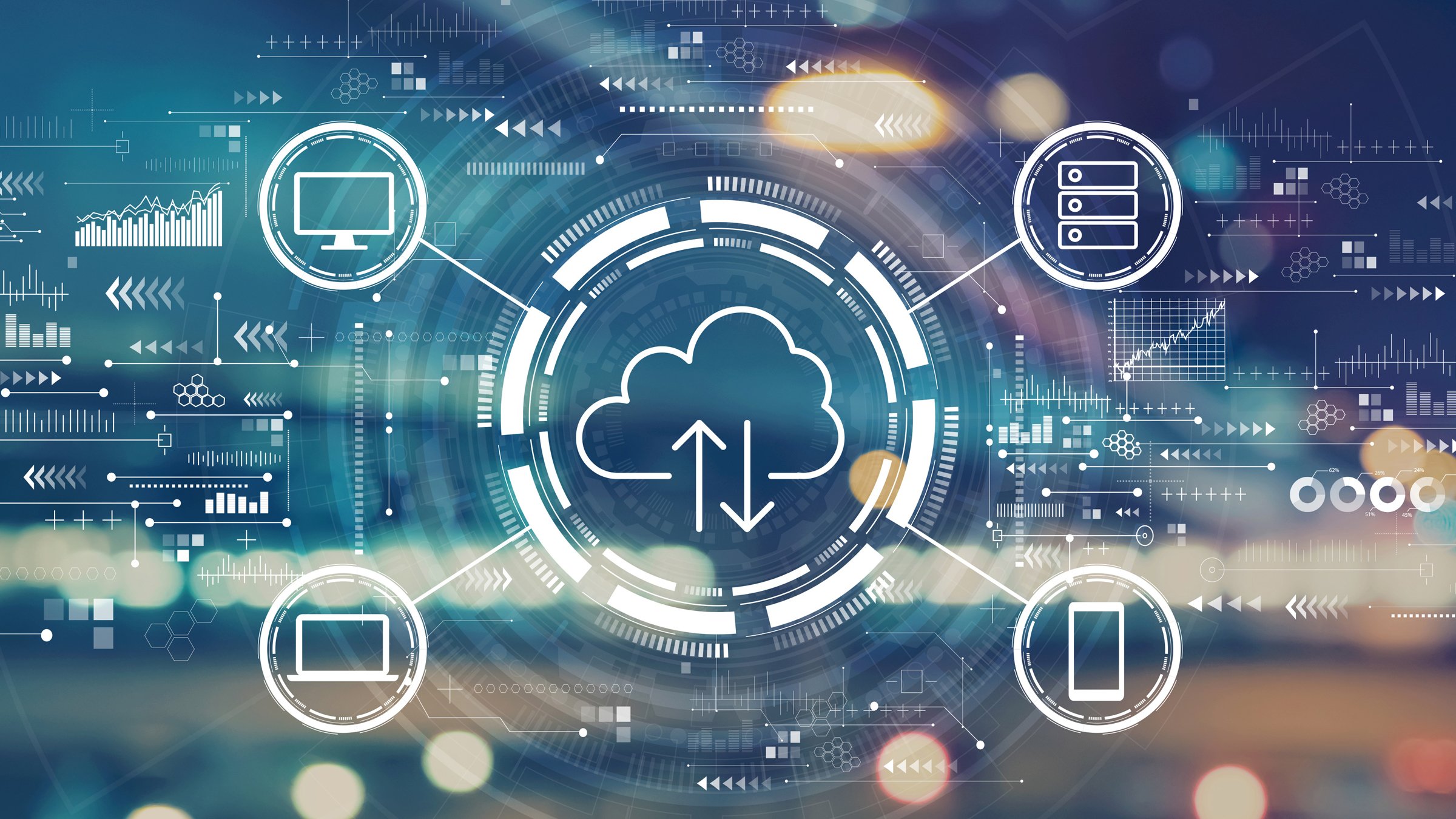 Cloud computing with blurred city abstract lights background 