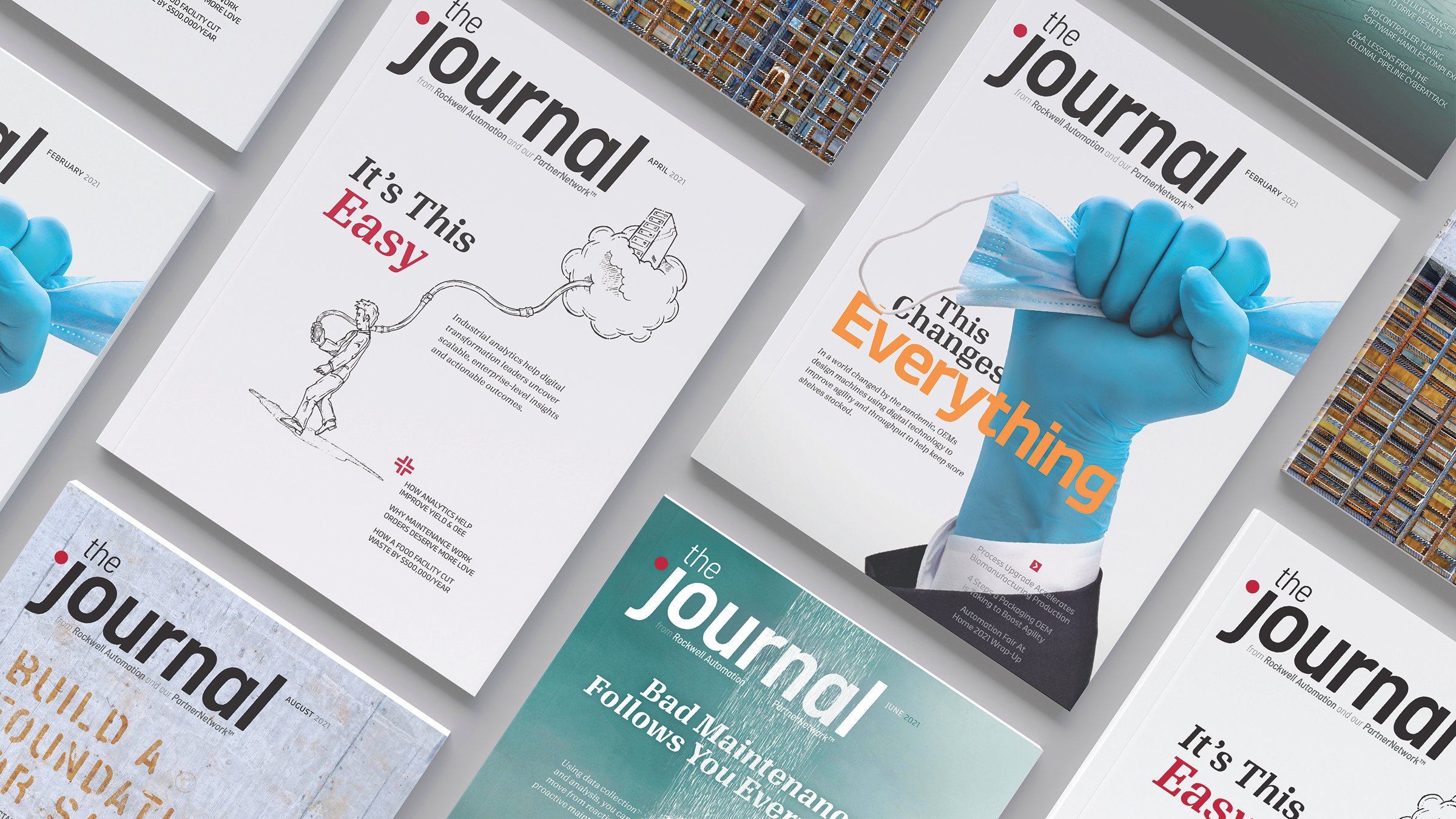 Montage of covers of The Journal From Rockwell Automation and Our PartnerNetwork magazine.
