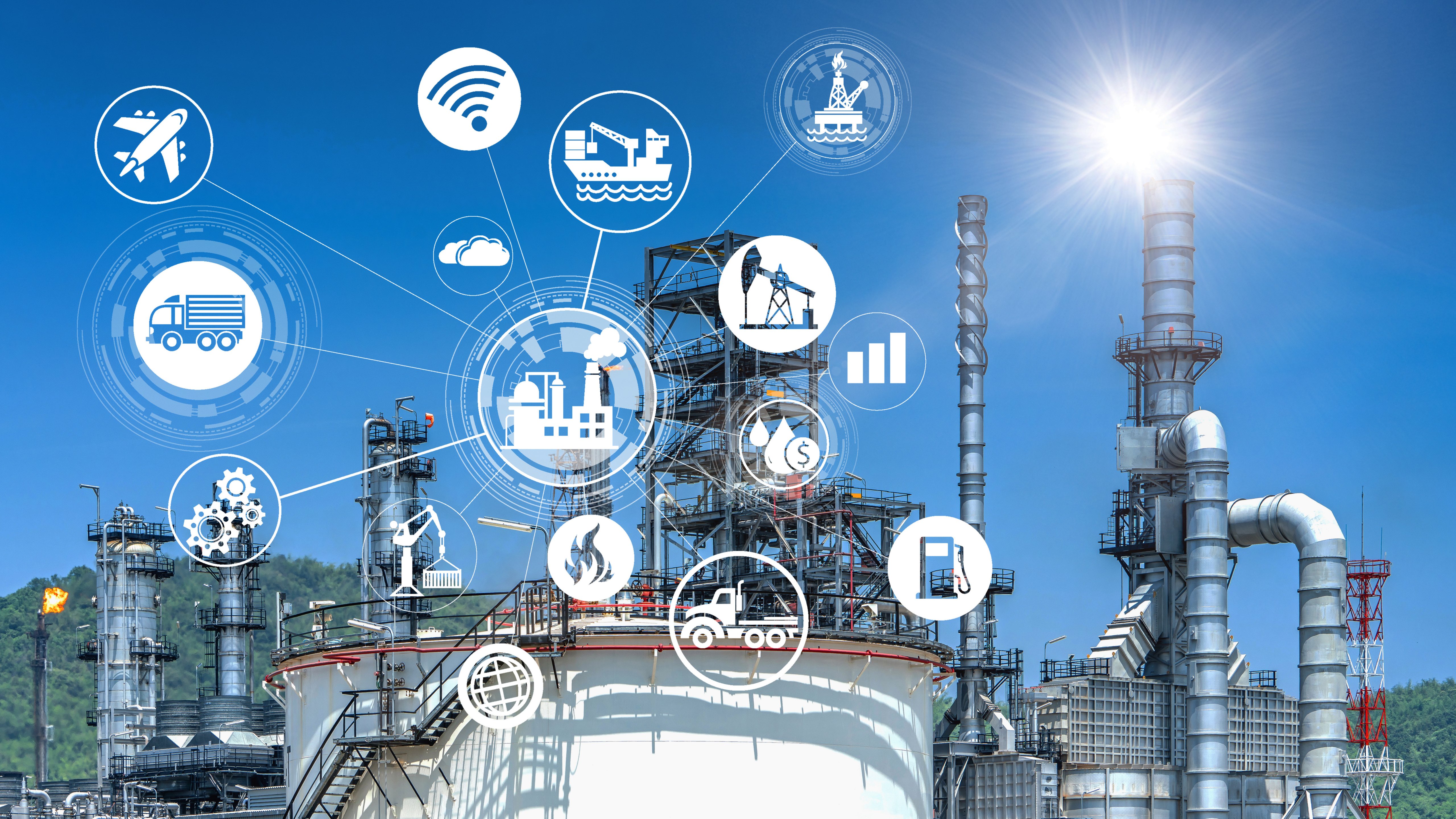 Oil refinery industry and icon connecting networking for information and using modern  technology, 