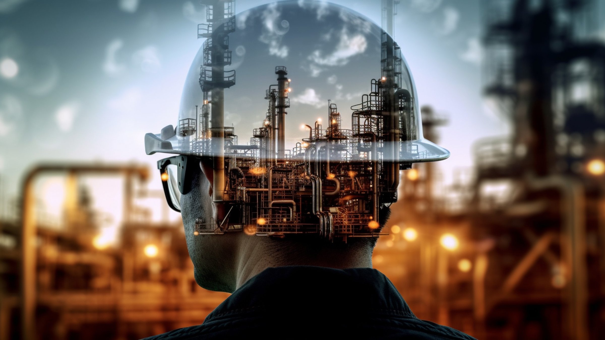 Trabajador con un casco que tiene una imagen virtual de una refinería de petróleo en la parte superior de su cabeza, simbolizando la industria