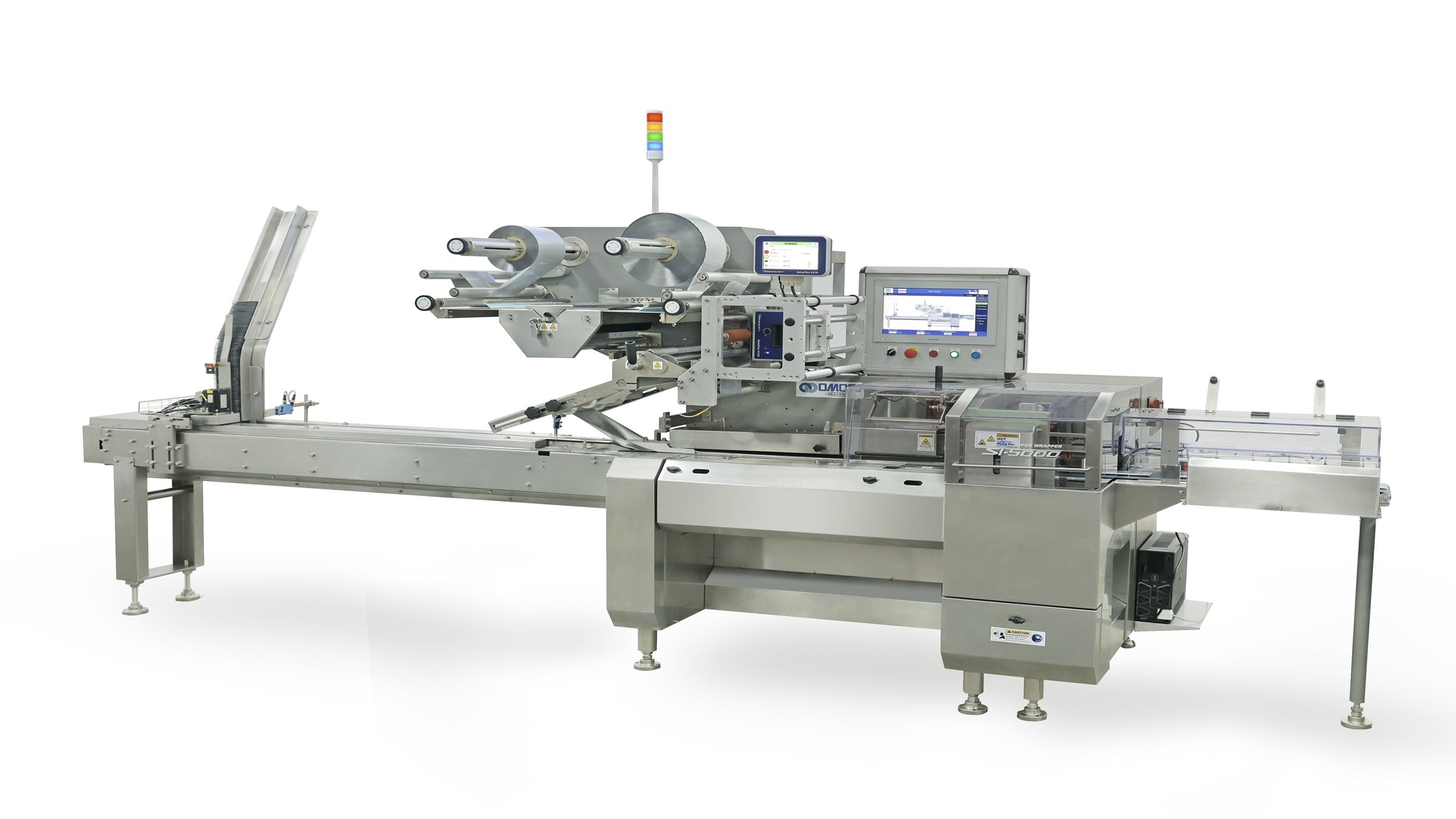 Industrial Omori SI-5000 Super Wrapper packaging machine with stainless‑steel body, film rollers, conveyor system, and touchscreen control panel in a clean studio setting.