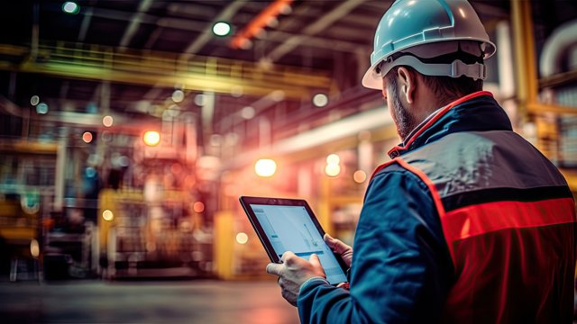 Engineer wearing a hard hat holding a tablet standing on a manufacturing plant floor