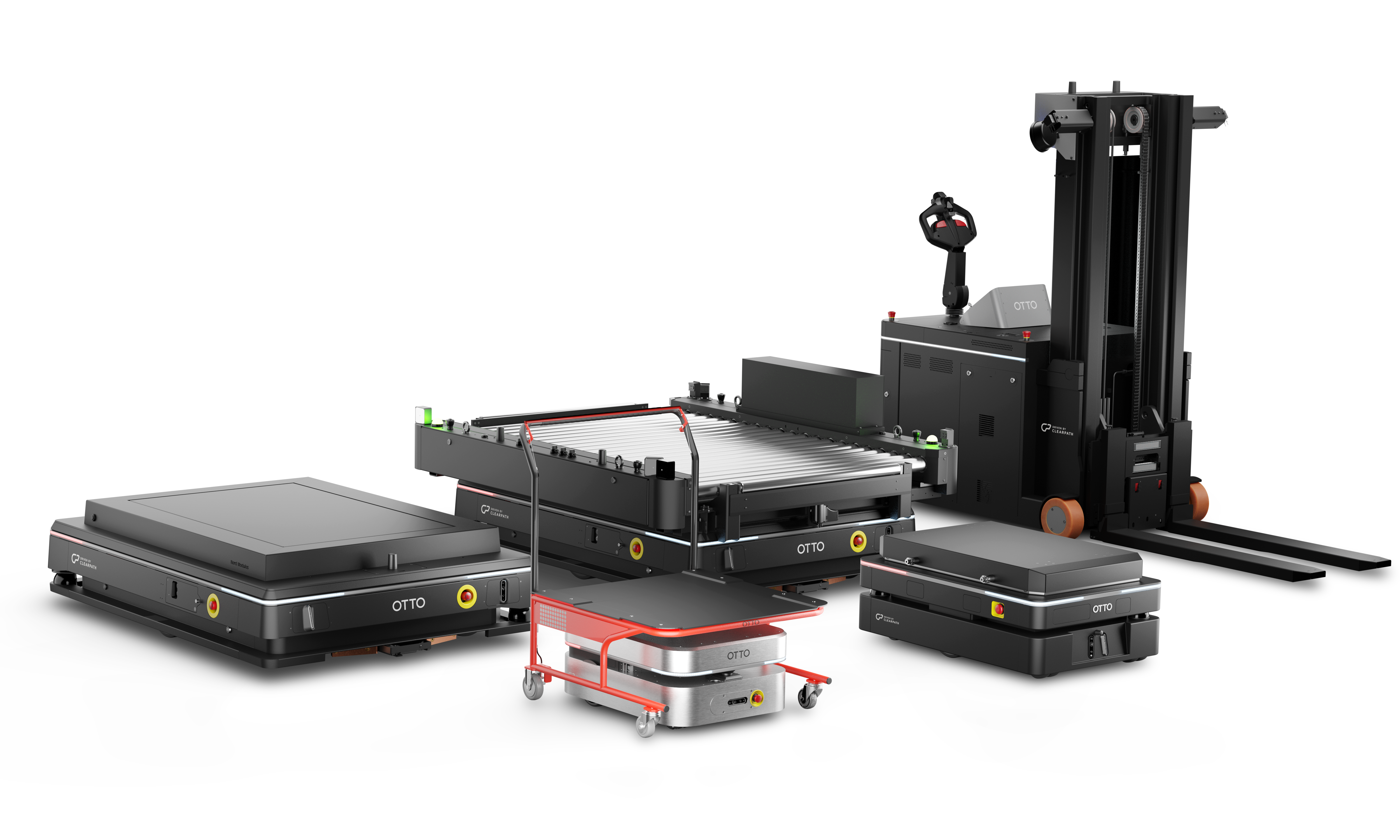 A fleet of low profile black, rectangular, wheeled autonomous mobile robots and an autonomous forklift
