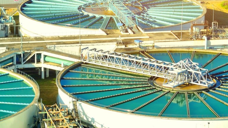 Overhead view of a wastewater treatment facility