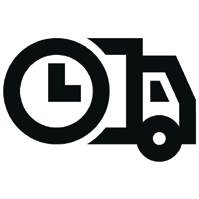 Black clock and delivery truck icon on white background