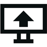 Black upward arrow inside a square icon on white background