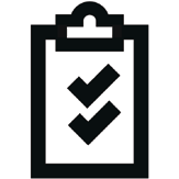 Black clipboard with checkmarks icon on white background