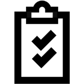 Black clipboard with checkmarks icon on white background