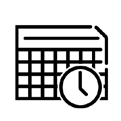 Black clock and document icon on white background