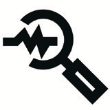 Black magnifying glass with arrow icon on white background