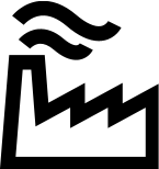 Black factory building icon with smoke stacks on white background