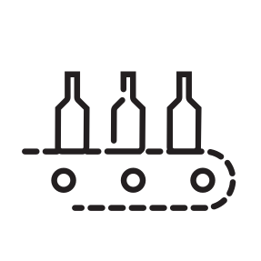 Black conveyor belt with bottles icon on white background