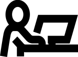 Black person working at desk icon on white background