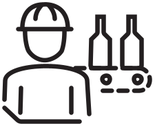 Black factory worker icon with bottles on white background