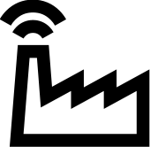 Black factory icon with wireless signal on white background