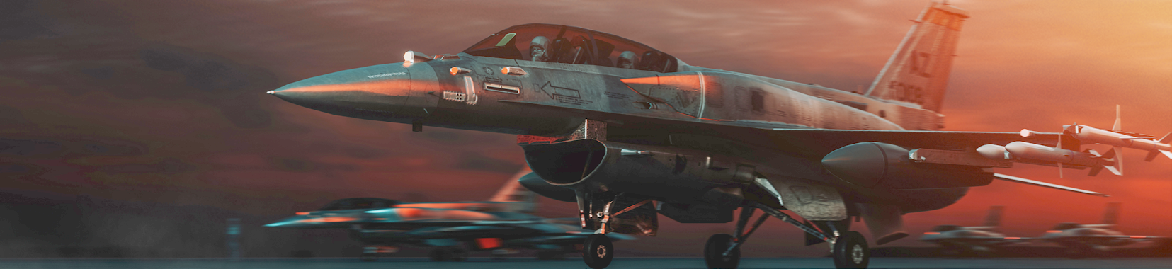fighter jet on runway with sunset background