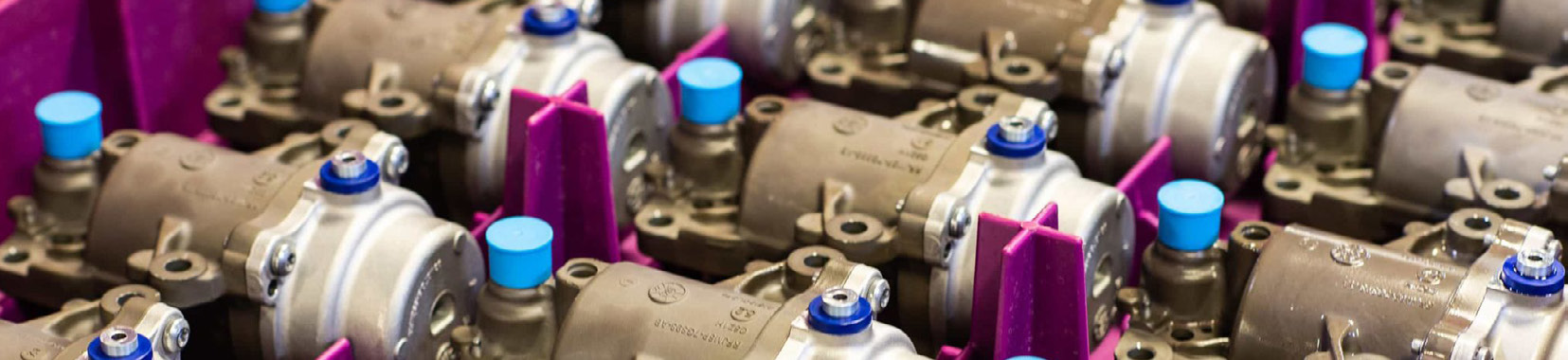 close-up photo of automotive solenoid components with blue caps and purple plastic parts