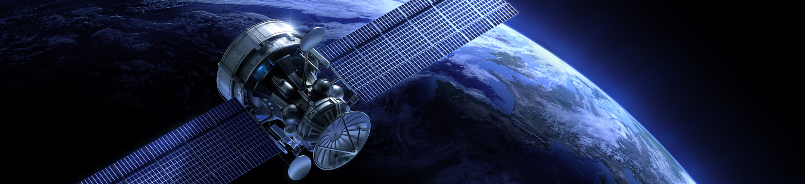 satellite orbiting earth with solar panels, space scene