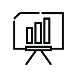 black and white icon of a presentation board with graph on white background