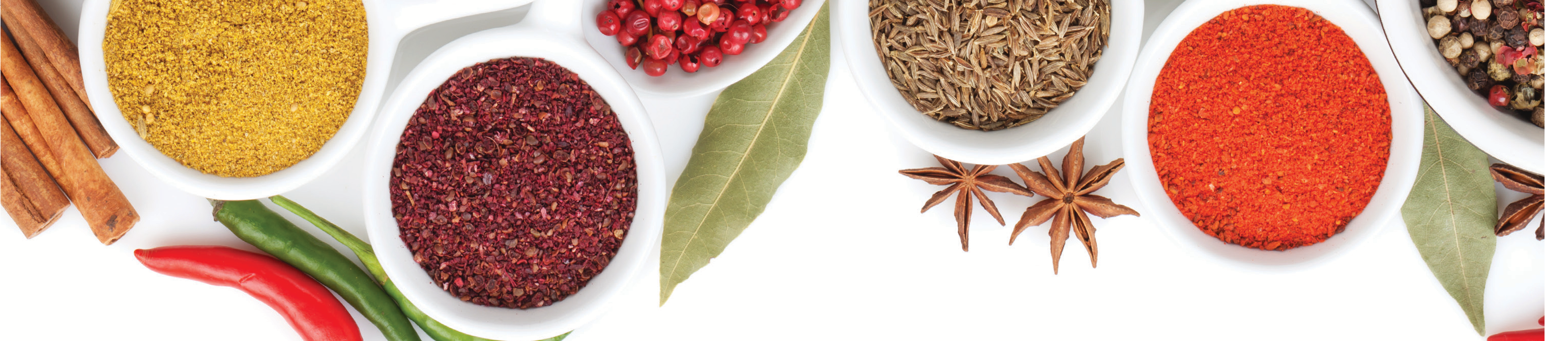 close-up photo of various spices and seasonings in white bowls on a white surface