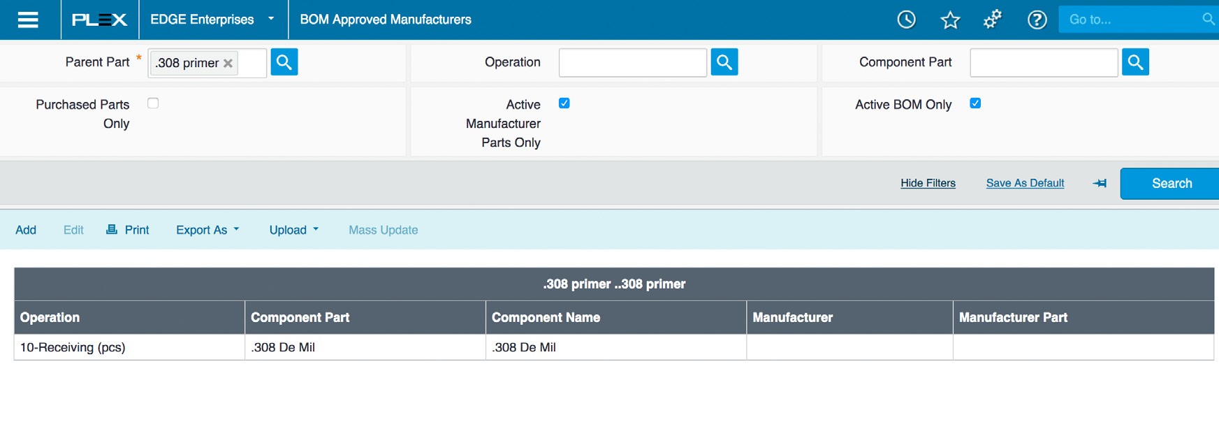 software interface screenshot showing approved supplier list with columns for operation, component part, component name, manufacturer, and manufacturer part