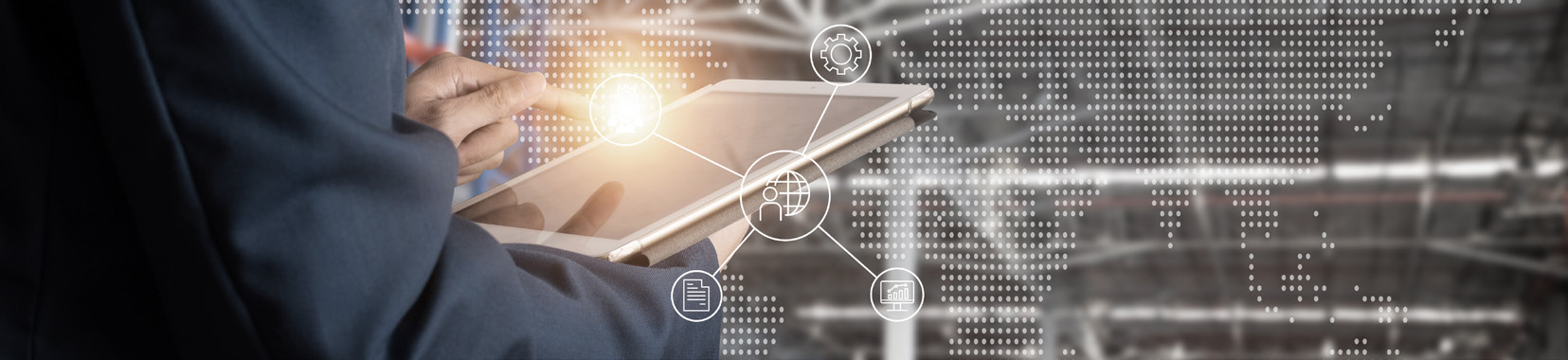 person using tablet with digital interface overlay, manufacturing and global network theme