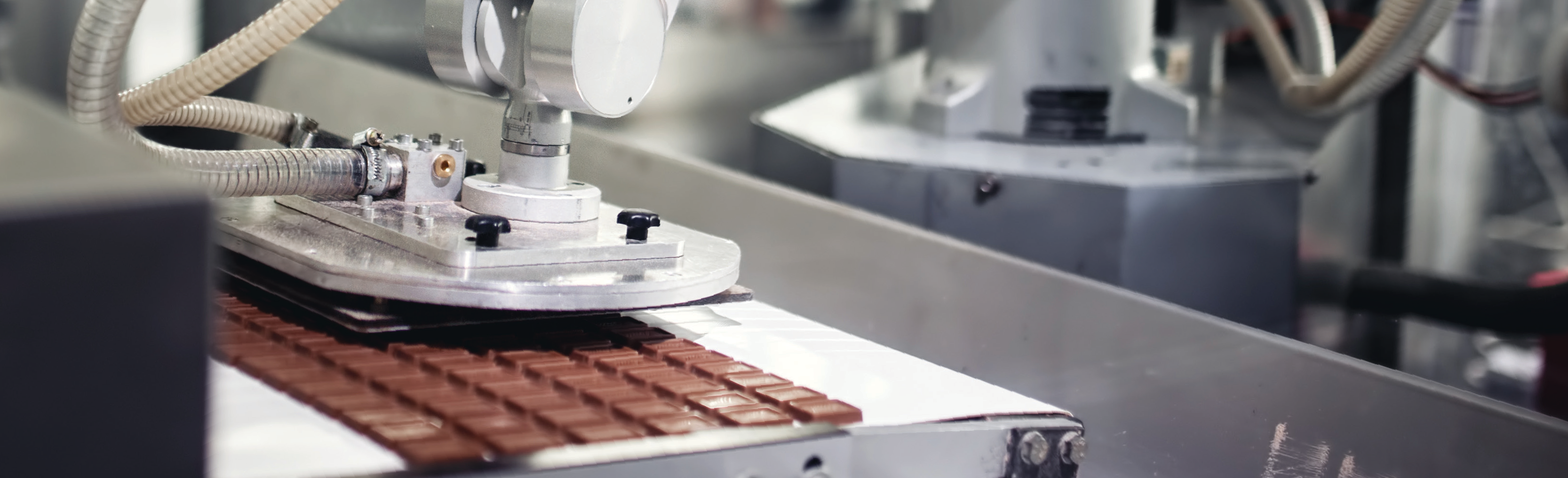 manufacturing facility interior photo showing machinery and conveyor belt with chocolate bars