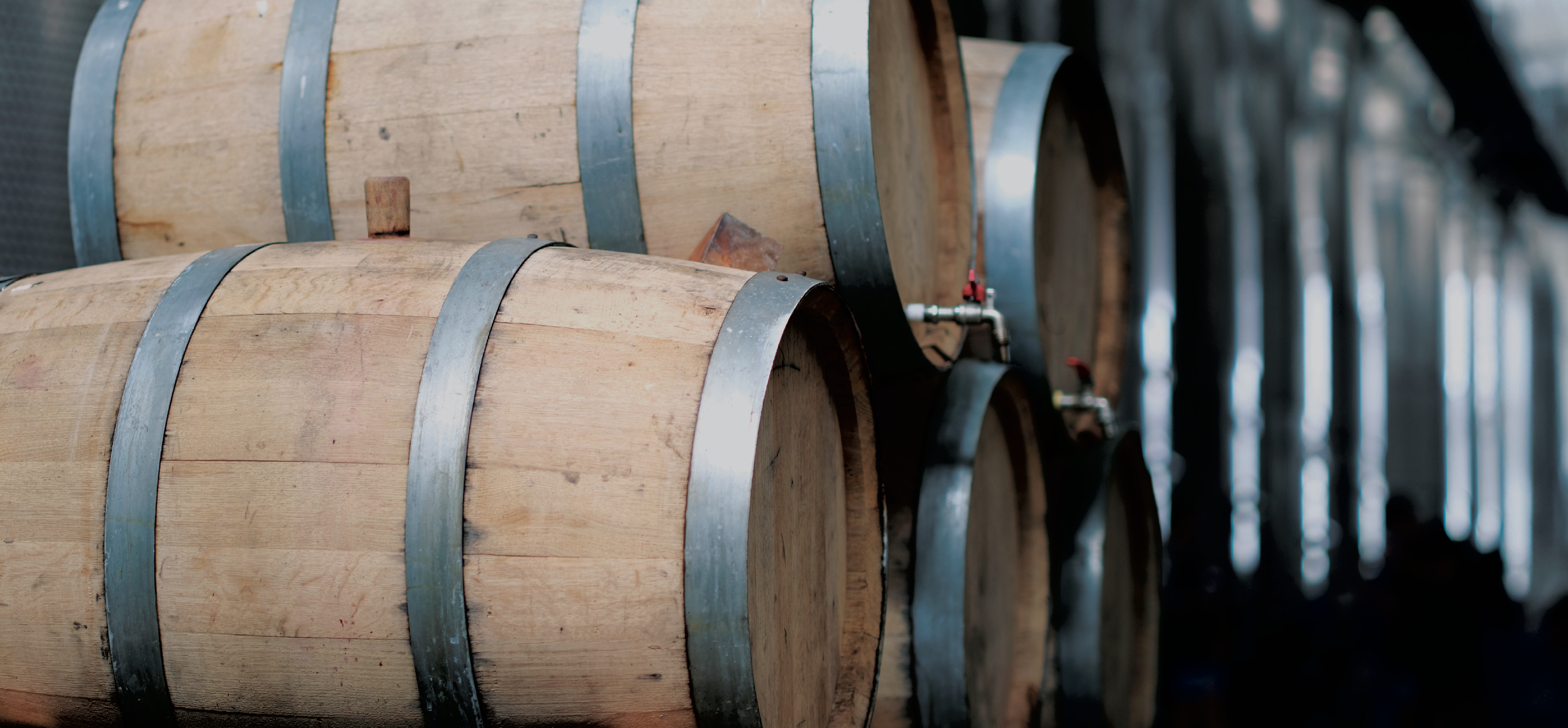 wooden barrels stacked in a cider production facility
