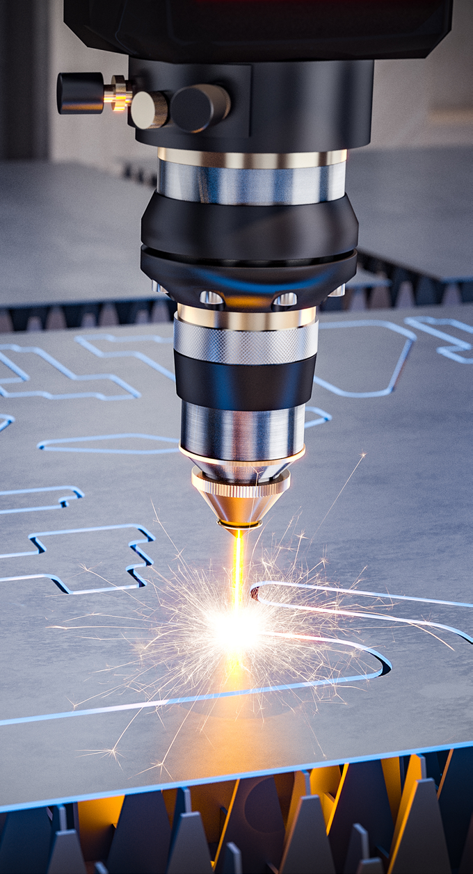 close-up photo of a laser cutting machine operating on metal sheet with sparks flying