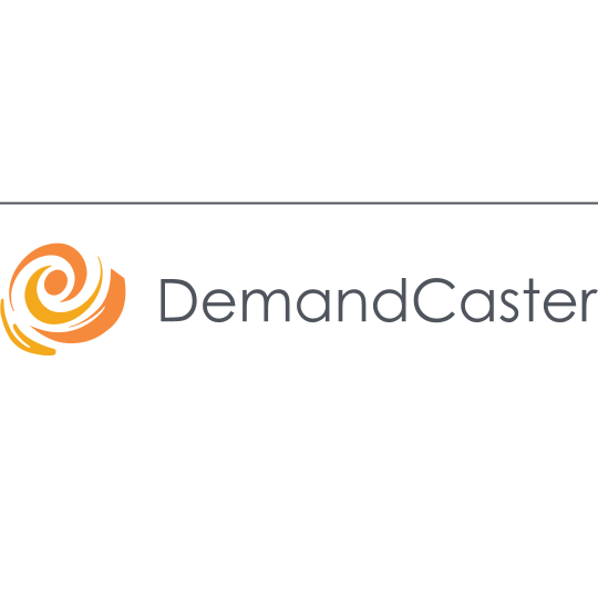 orange and white DemandCaster swirl logo graphic