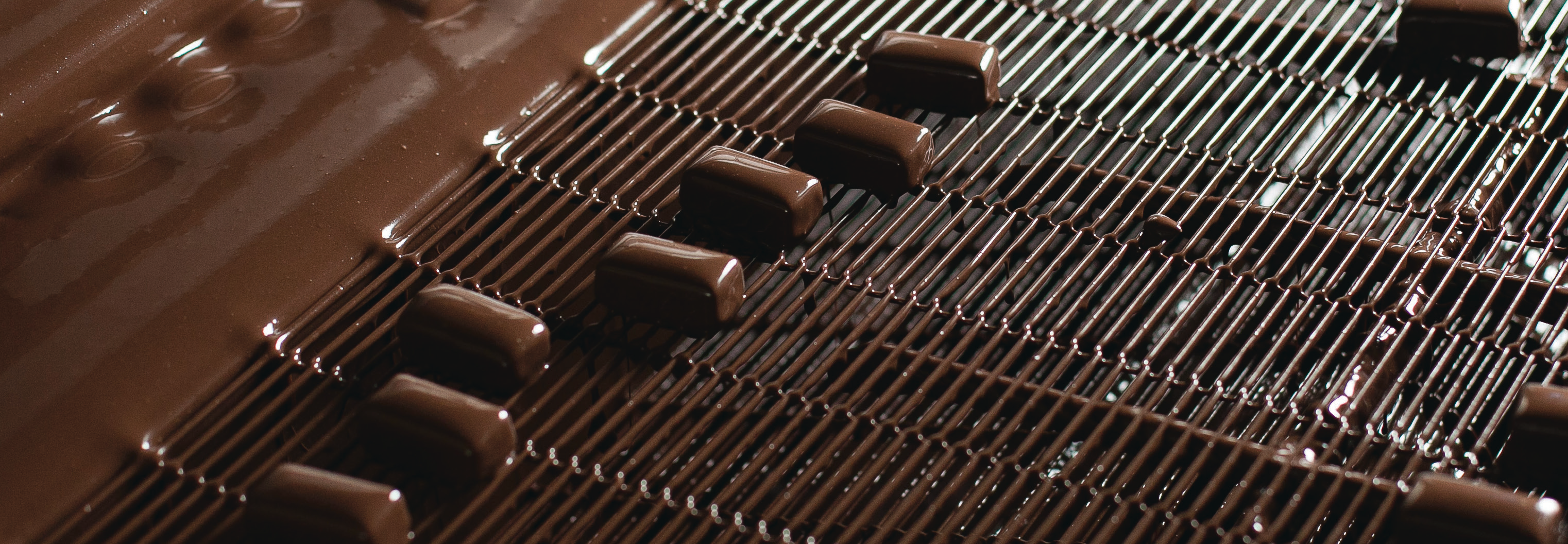 close-up photo of chocolate pieces on conveyor belts in a factory