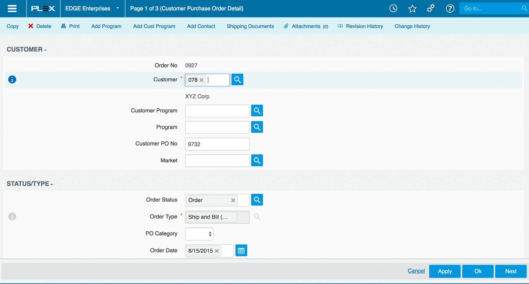 ERP system screenshot showing purchase order details and component-level traceability tree