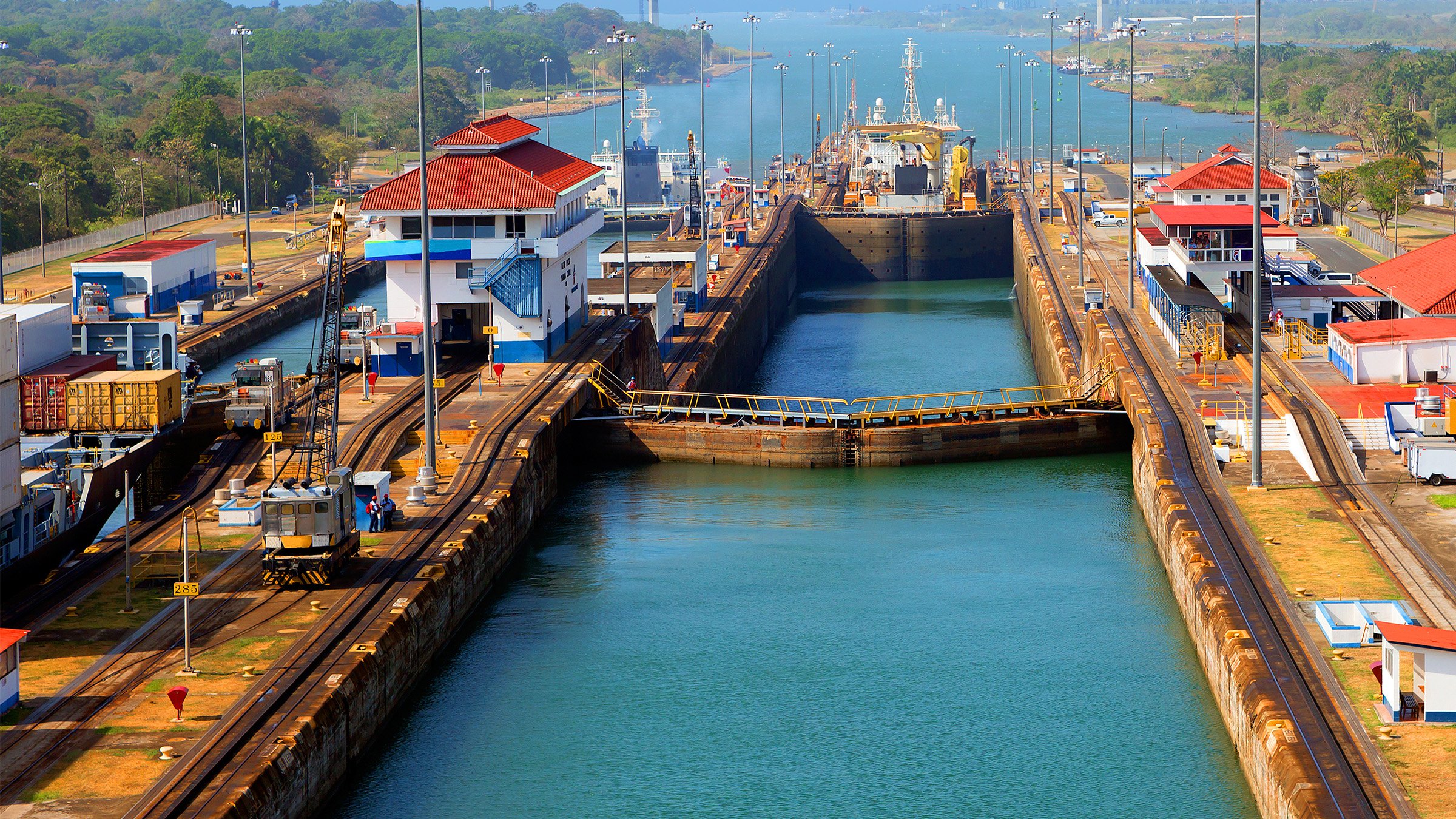 The second lock of the Panama Canal viewed from the Pacific Ocean.