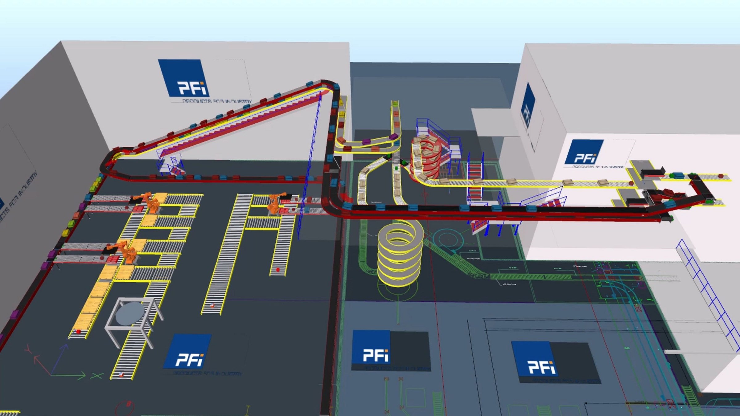 Emulate3D ermöglicht es PFi, eine exakte Visualisierung der Anlagen und Automatisierungseinrichtungen des Kunden zu erstellen und deren Betrieb mit realitätsgetreuer Darstellung zu simulieren