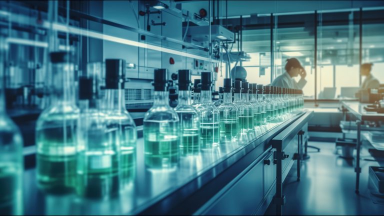 Pharmaceutical and healthcare products on a modern production line. Technicians working in the manufacturing facility. Life sciences industry, biotechnology.