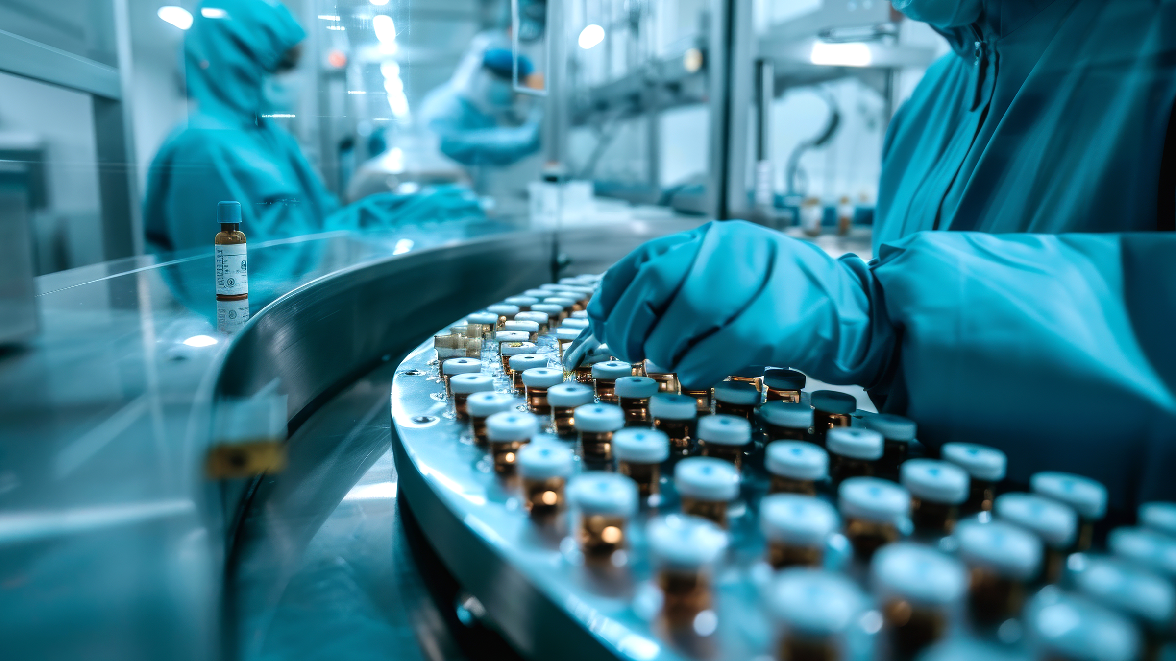 Pharmaceutical manufacturing process workers in sterile lab uniforms are meticulously handling vials. The production involves precision work and quality control in a healthcare industry setting