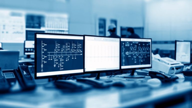 three screen monitors in control room