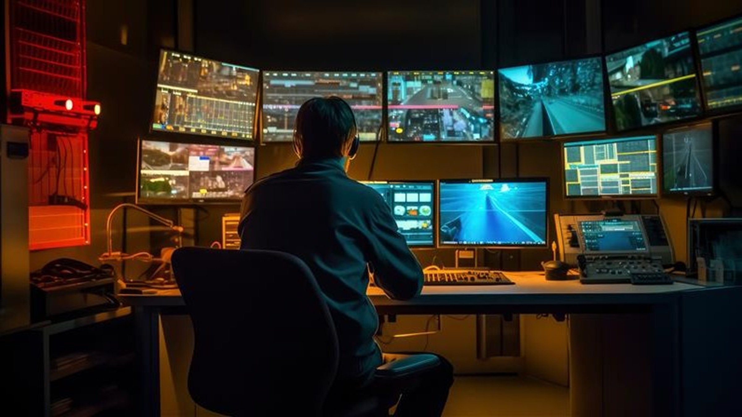Plant Operator Vigilantly Observing Meters and Displays Inside Industrial Control Room, Ensuring Smooth Functioning of High-Tech Manufacturing Equipment.