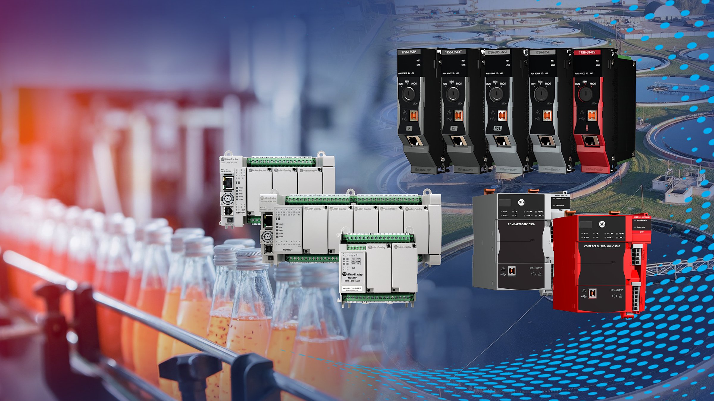 Collage image of ControlLogix 5580, CompactLogix 5380 and Micro800 controllers superimposed on collage image of Food & Beverage and Water Wastewater application images.