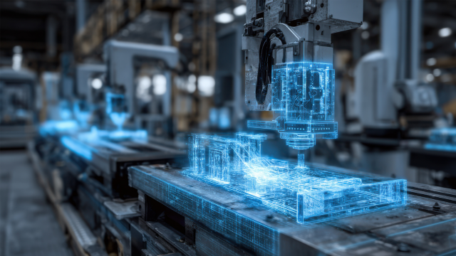 Medium shot featuring predictive machine learning models processing historical metal data to forecast potential weaknesses before manufacturing. 