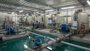 Industrial water treatment facility with multiple filtration tanks and plumbing systems 